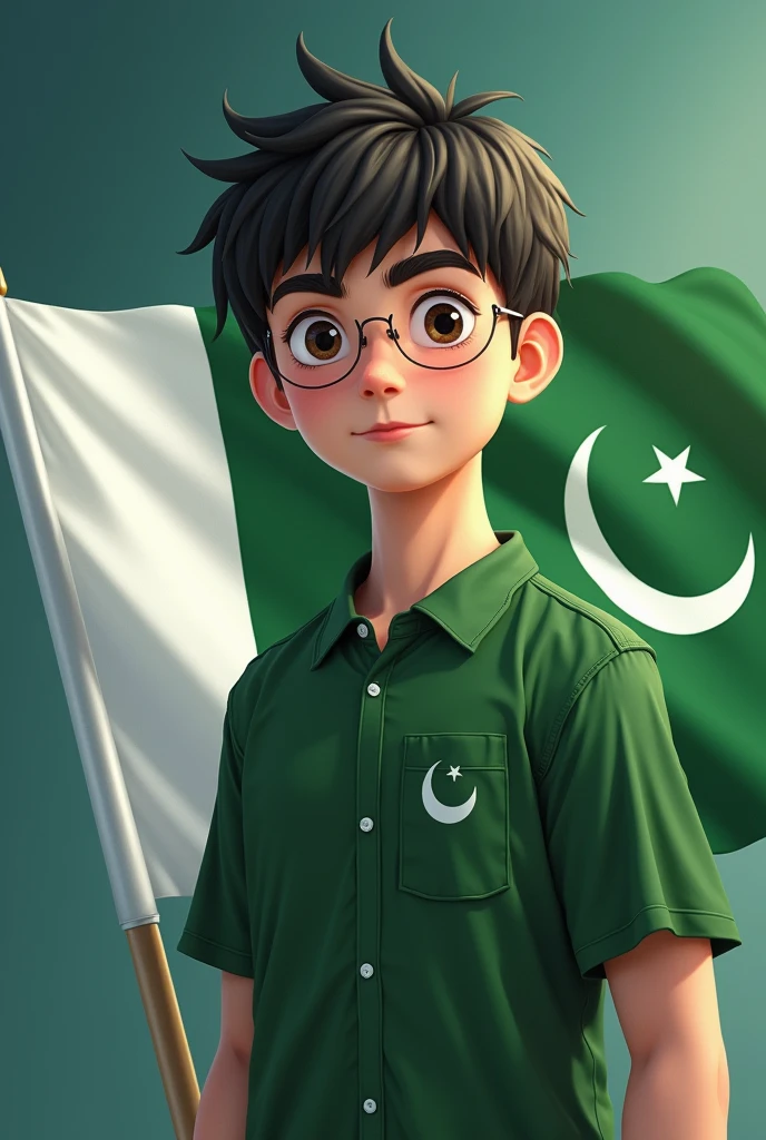 Pakistan flag with 14august 3d image with anime 18 year old boy ( AbidRizvi ) Image Banner name, Pakistan Independence Day 2024