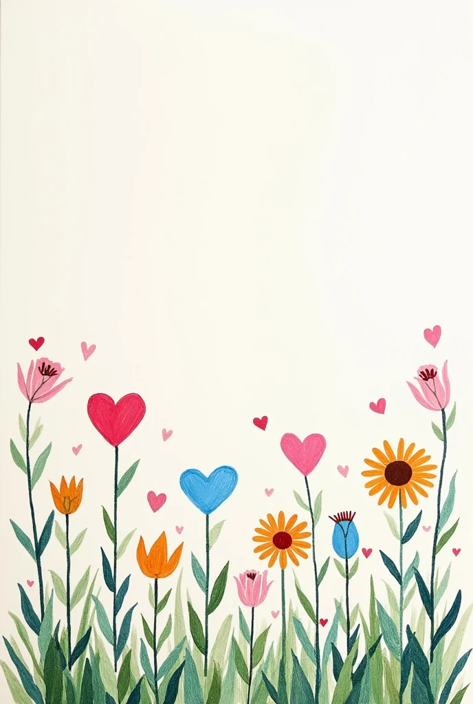 A minimalist garden drawing with colorful floats made with chalk and hearts but some withered flowers with an empty space above