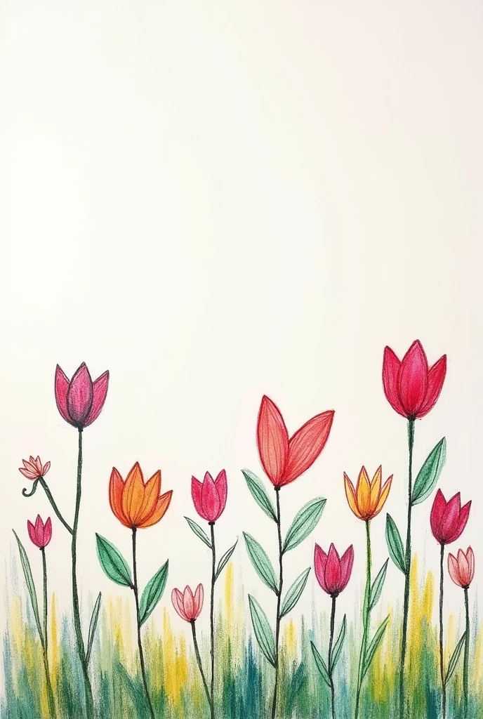 A minimalist garden drawing with colorful floats made with chalk and hearts but some withered flowers with an empty space above