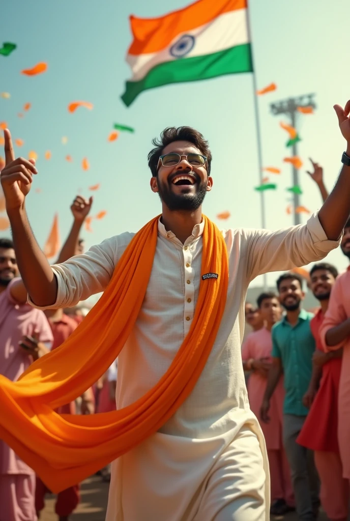 Here's another way to phrase the prompt: "Generate a real-life image of a 21-year-old Man joyfully celebrating Indian Independence Day. The individual is dressed in traditional Indian attire with the name 'Mohan Kishore' prominently displayed on their clothing. The sky above them features the words "Happy Independence Day' in a bold font. The background is alive with a crowd of people celebrating, creating a vibrant and patriotic atmosphere."