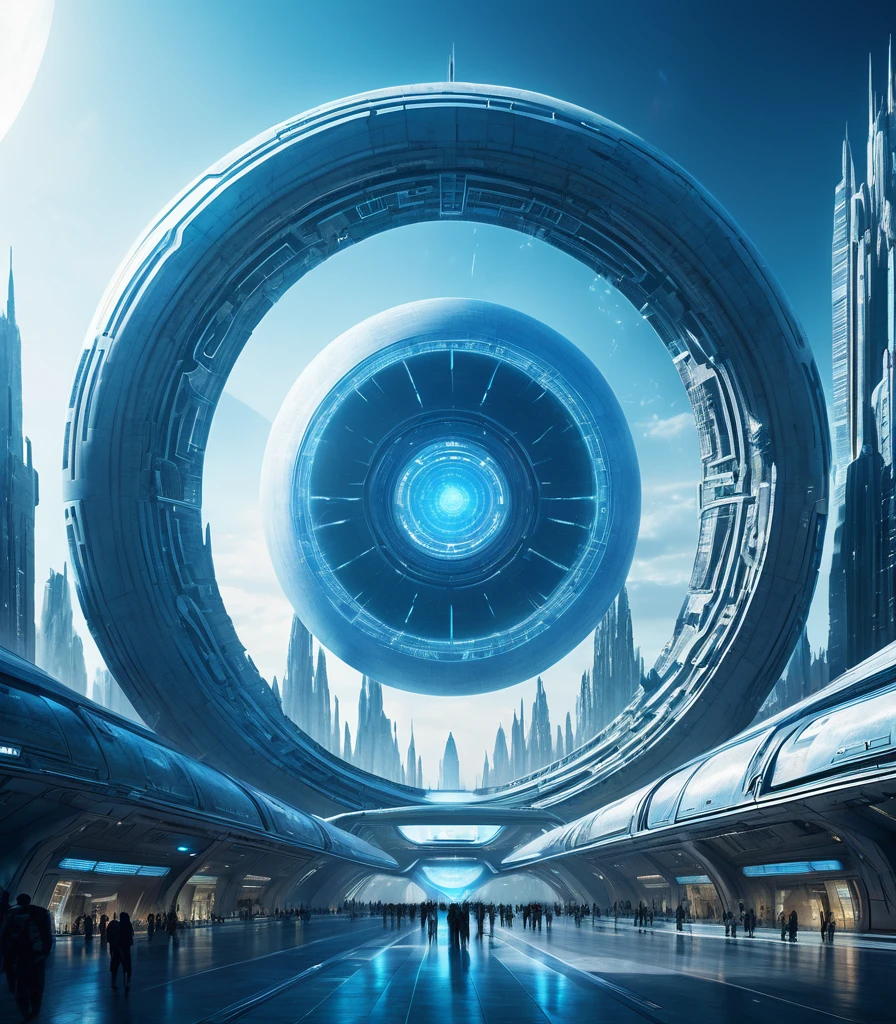 Y4nn, A futuristic city with a huge circular structure in the center of its central circle is a blue light, Science fiction, a detailed matte painting, space art, hyper detailled, glowing inside, work of art, best qualityer