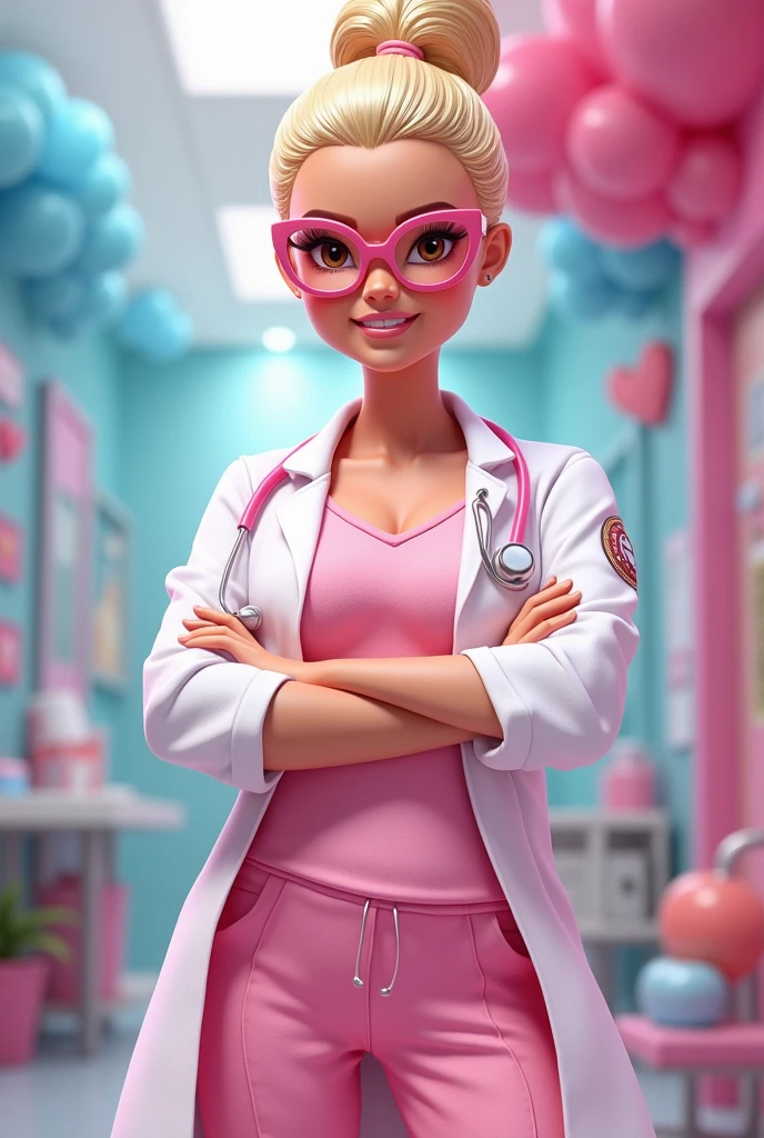 Barbie cartoon style, intimidating look, brown eyes ,round face ,female doctor with pearly blonde hair  ,combed a bun with, White coat, a pastel pink medical pajama  ,pink frame glasses,a nose piercing