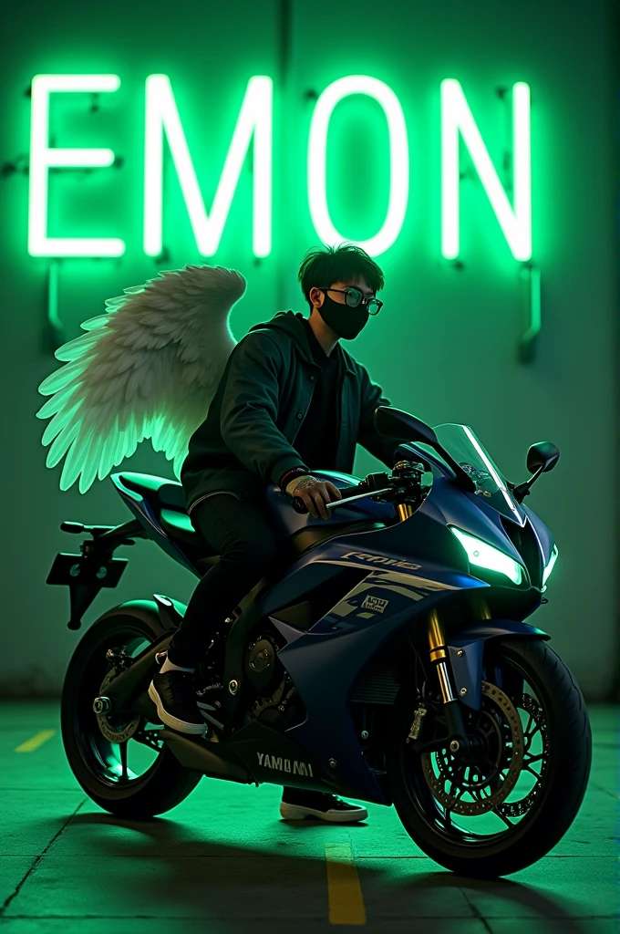 25-Year-old cute boy in a wearing a jacket Sitting
casually on a Yamaha R1M bike. Wearing sneakers,
with black mask, and sunglasses, he looks ahead.
The background features "EMON" in big and
capital green neon light fonts on the dark grey wall.
and there are wings to make it appear as if he is
an angel.