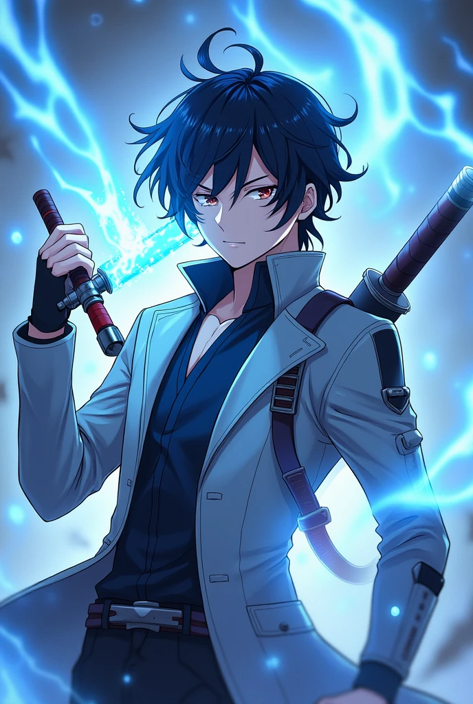 anime style,OLd man,Perfect hand, Male character, dark hair, serious expression, wearing a light jacket with dark accents, holding a glowing sword with blue energy, another weapon strapped to his back, surrounded by swirling blue energy, dynamic pose, intense blue and white light effects in the background.