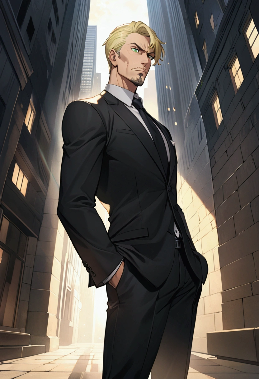 1man, man in black, tough mature, business hair with short asymmetrical bangs, little goatee, green platina blond hair, emerald eyes, BREAK 50yo, charming caucasian, slightly long chiseled face, deep set, angular jaw, facial wrinkles, crewcut, BREAK ideal ratio body proportions, toned muscular, beautiful detailed eyes, dark hero, best eyes, BREAK solo, funeral black suit, black necktie, white shirt, at wall street, detailed background, gloom, cool expression, natural standing, looking away, BREAK upperlegs, dramatic expression, in korean illustration style, masculine comic art, 2010s, retro visual novel, in persona style, dutch angle, cinematic shadows, cinematic lighting, lens flare, light leaks, texture, absurdres absolutely resolution, extreme all detailed, greatest painting, BREAK masterpiece, best quality