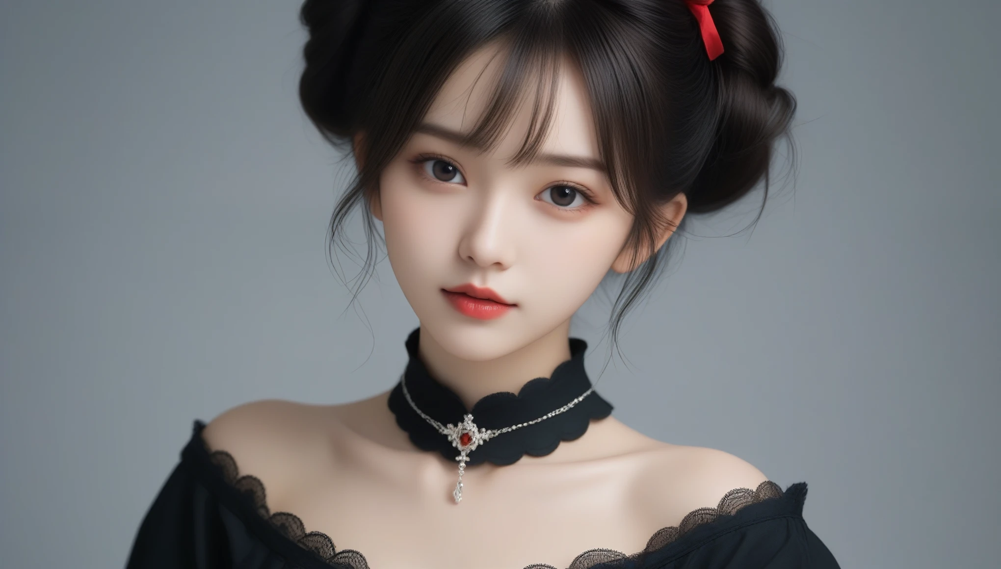 8k, Ultra-high resolution, Highest quality, masterpiece, 三分割法によるphotograph,Surreal, photograph, 1 Girl, (16 years old:1.3), pretty girl, Cute Face, 細部までBeautiful Eyes, 細かくdetailedに,masterpiece,One Girl:1.2,Japanese female announcer,cowboy shot,grin,Black short hair,Messy bun hair,((vampire:1.4)),awe, Natural skin texture、(Medieval European Dress Clothing:1.4)、(Colorful costumes:1.4)、Attractive girl、16 years old、(Perfect female body:1.4)、(女の子のポートレートphotograph:1.4)、(Photorealistic images:1.4),Fantasy art,(Beautiful Face:1.4),Beautiful and attractive eyes、Beautiful Eyes、(Tight waist:1.4)、(9 Beautiful girls with perfect body proportions:1.4),Red lips,(choker:1.4),Looking at the audience,(((Ideal body type))),A-cup small breasts :2,、Portraiture:2、Perfect Anatomy、鮮明なdetailed、detailed,Fashion magazine cover,Thin lips,Gray background ,完璧でBeautiful Face ,完璧でCute Face, Skin with attention to detail, Perfect limbs、Narrow waist,Looking at the audience,(((Ideal body type))),A cup small breasts :2,Portraiture:2,Perfect Anatomy,鮮明なdetailed,detailed,Surreal,Light and shadow,moonlight