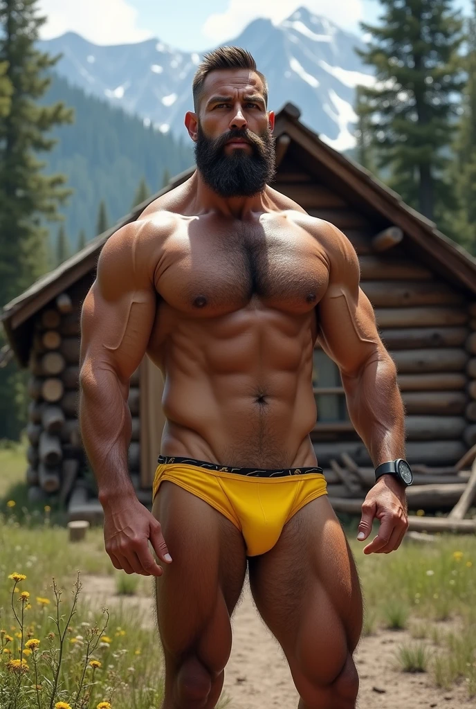 Muscular lumberjack in yellow thong in front of his cabin 