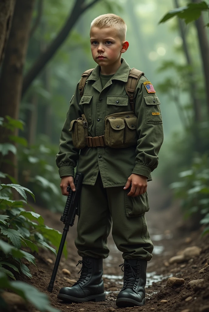Guy in his twenties wearing an american Vietnam soldier uniforme from the 60s and 70s, blonde buzzcut hair, slightly chubby