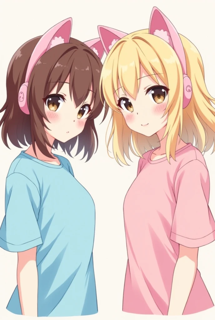 Make two anime girls with medium hair, one with brown hair and the other with blonde hair, both have the same shirts but with different colors, the blonde has a pink blouse and the brown-haired one has a blue blouse, they also have pink kitten ear headphones. Now make them in a cute anime style.
