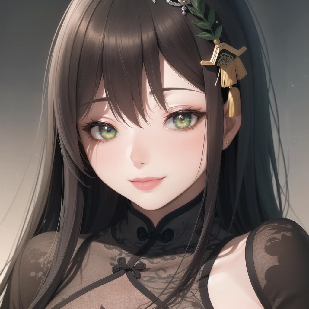 masterpiece, the best, night, Full Moon, 1 female, Mature woman, Chinese, ancient China, elder sister, Royal sisters, Smile, Dark brown hair, Black Hair, Princess Cut, Weaving, curls, Double ball head, Light pink lips, calm, Intellectuals, Medium Length Hair, Green pupils, hairpin, Hydrangea, Delicate face, Close-up of face, Hand close-up