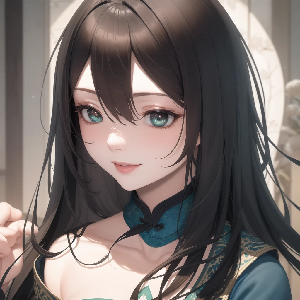 masterpiece, the best, night, Full Moon, 1 female, Mature woman, Chinese, ancient China, elder sister, Royal sisters, Smile, Dark brown hair, Black Hair, Princess Cut, Weaving, curls, Double ball head, Light pink lips, calm, Intellectuals, Medium Length Hair, Green pupils, hairpin, Hydrangea, Delicate face, Close-up of face, Hand close-up