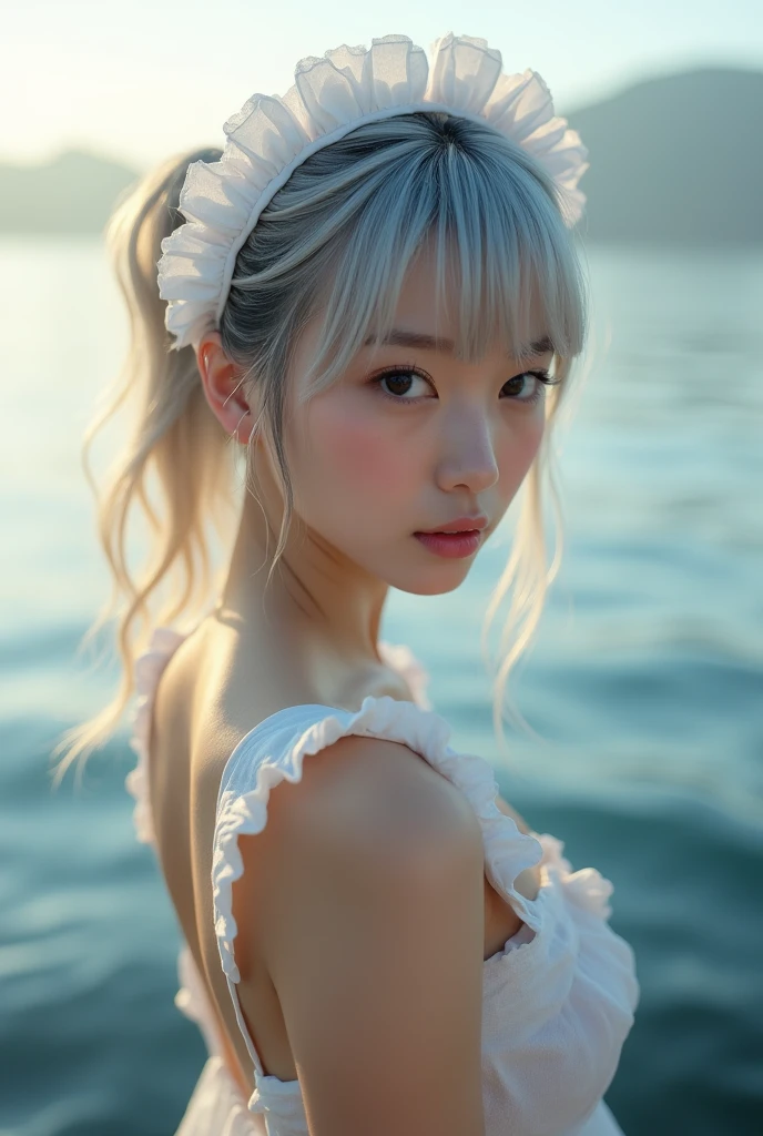 maid,Armpit,Professional Lighting, High key lighting, Break Light Twilight, (Calm sea background:1.2, Water reflection, [Mountain]),BREAKING NEWS WITH SUPER WIDE PHOTO LENS, Break 1 Girl, Japanese, Wide-set eyes, Very white skin, blush, Embarrassing, 20-year-old, Silver Hair, Wet Hair, Ecstasy:1.4, smile, Pouting:1.2, Retrospective Viewer, (From below:1.0, From behind:1.0, From the side:1.0), 