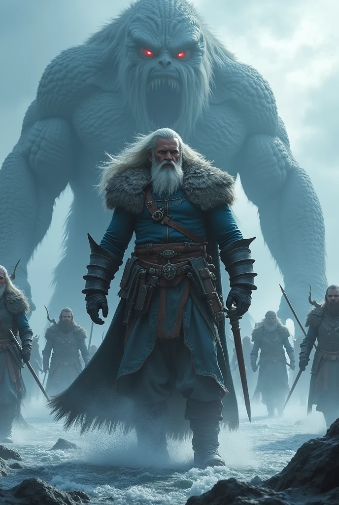 A tall and strong man about 3m tall commanding a powerful army behind him holding weapons preparing for a battle in an arctic sea with giant monsters., The sea monsters have big, murderous eyes.