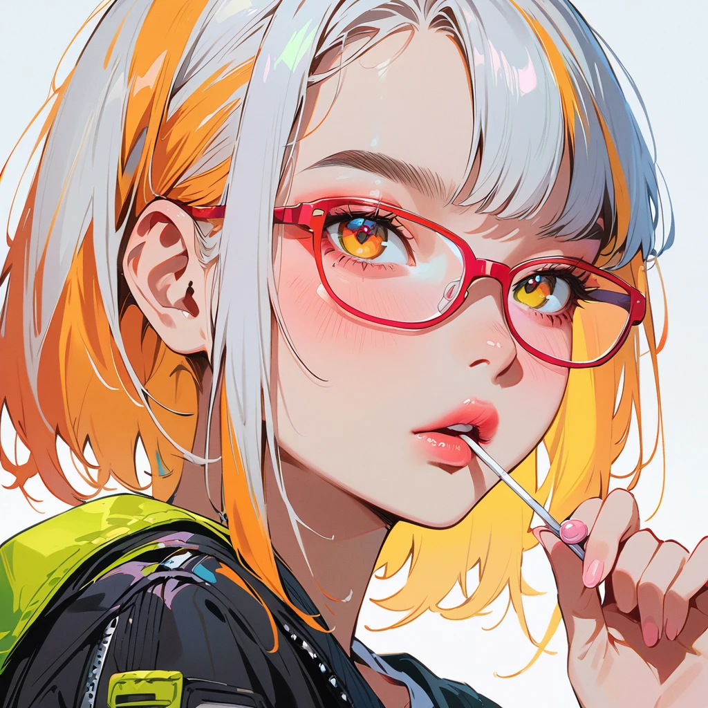 (masterpiece, best quality:1.2), 1 girl, solo, Anime style, Colored pupils, With a lollipop, Pink lower lip, Cyberpunk style makeup, Orange red lower eye shadow, Short silver asymmetrical hair, Asymmetrical short hairstyle, Long bangs on one side, Color highlights, Black off-the-shoulder leather jacket, Pure white background, long with yellow and black highlights hair,wear glasses,black and yellow hair