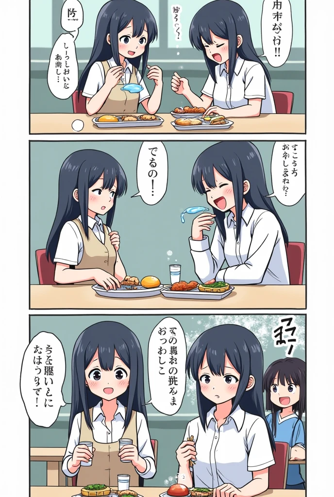 -Draw manga during lunch break. While a fat girl was eating in the cafeteria, a female classmate from Room 1 kept throwing water on my food.