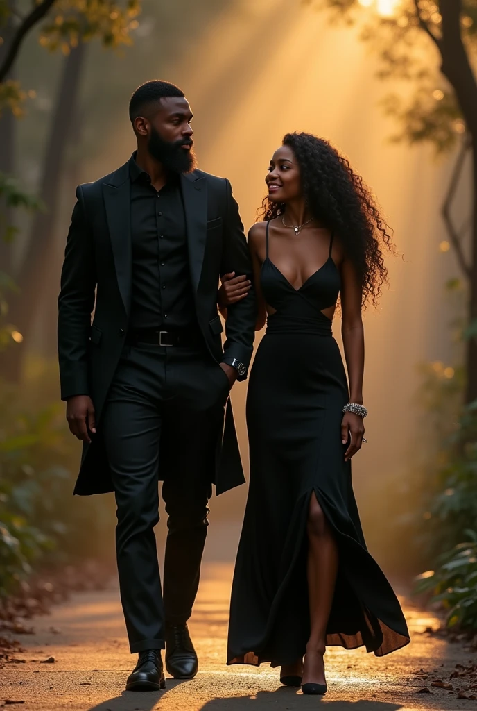 A man of 1,80 tall, brunette skin, barba, straight hair and striking eyebrows dressed in black and a woman of 1,70, skin black, curly hair, smile and look dressed in black taking a walk