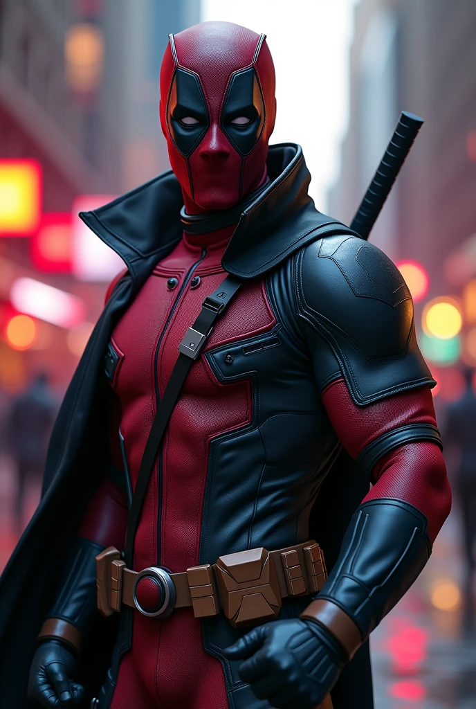 A superhero in a black suit like Deadpool's, only without a belt and a better mask, posing happily as if for a cover