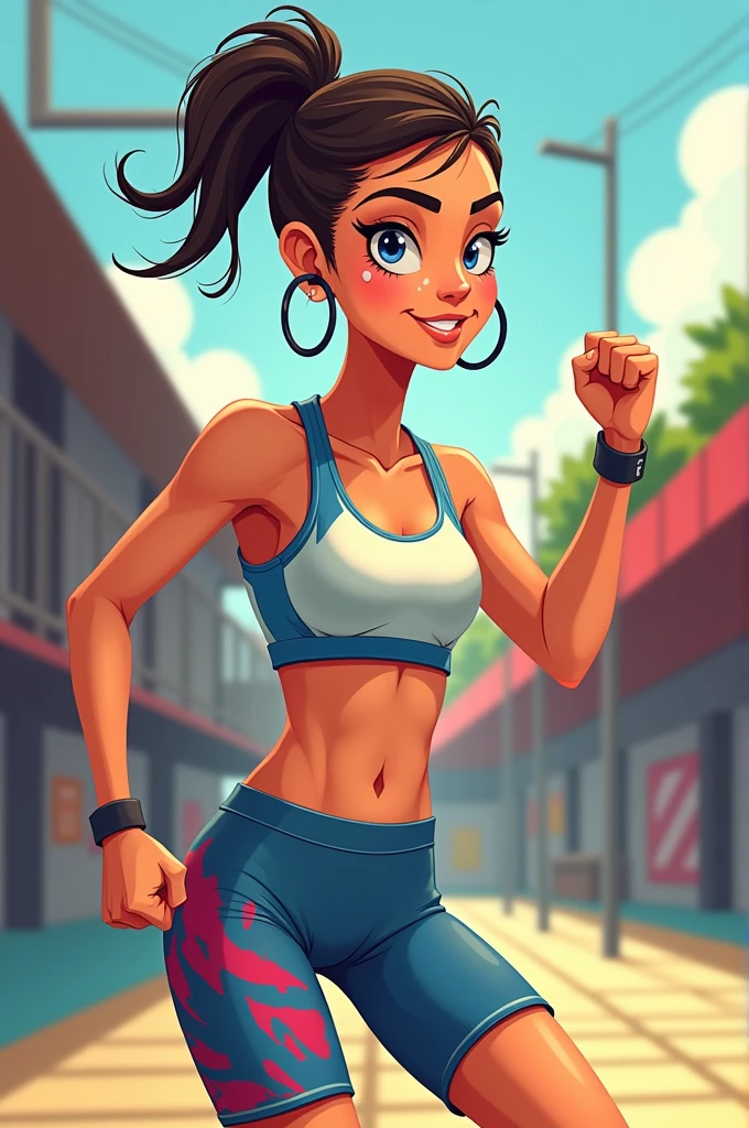 A cartoon woman wearing sportswear who has her hair tied up in a bun