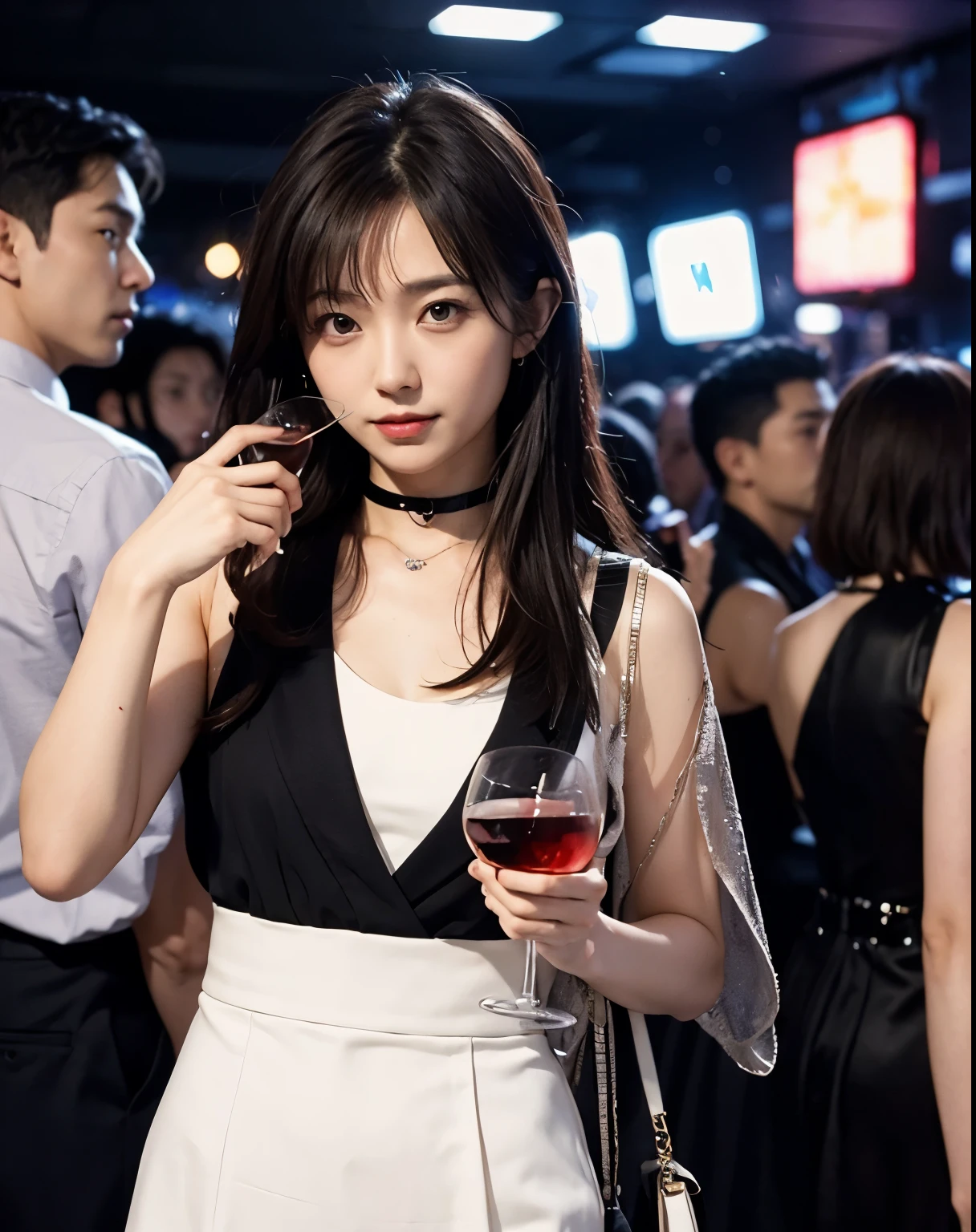 (it is) , Ryoko Yonekura alone at a nightclub, Surrounded by blurred figures, Holding a glass, pour wine on one&#39;s body, Her eyes are fixed on the viewer, Take them to the scene, Big Ass, Muscular body, Wet body, White and glowing skin, Black transparent stockings, High heels