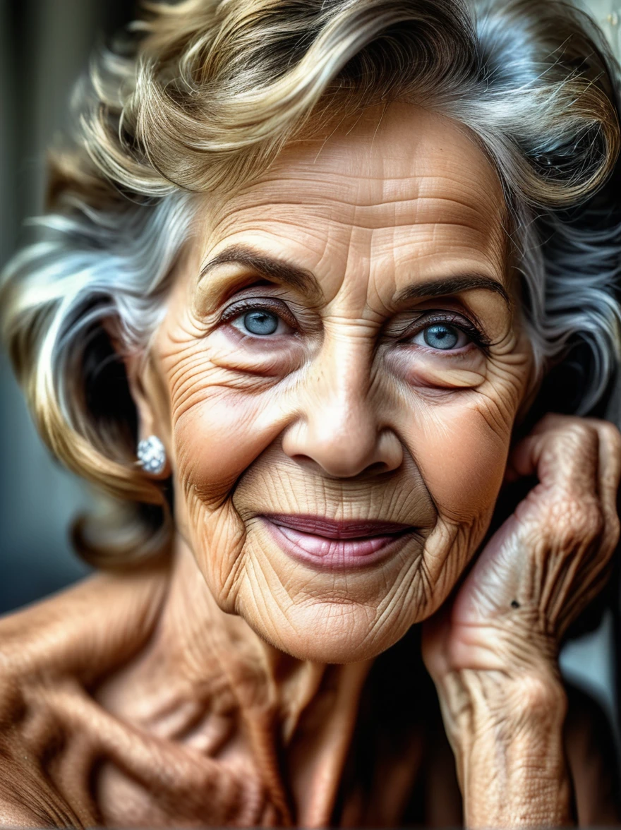 work of art, intricate-detail, 8k, HDR,
She was once a Playboy model.. Now she is 75 years old, but your face is young and beautiful, your eyes still shine with mischief, and your mouth is still seductive, your skin is smooth and defies your age, her hair is shiny. The glory of femininity.