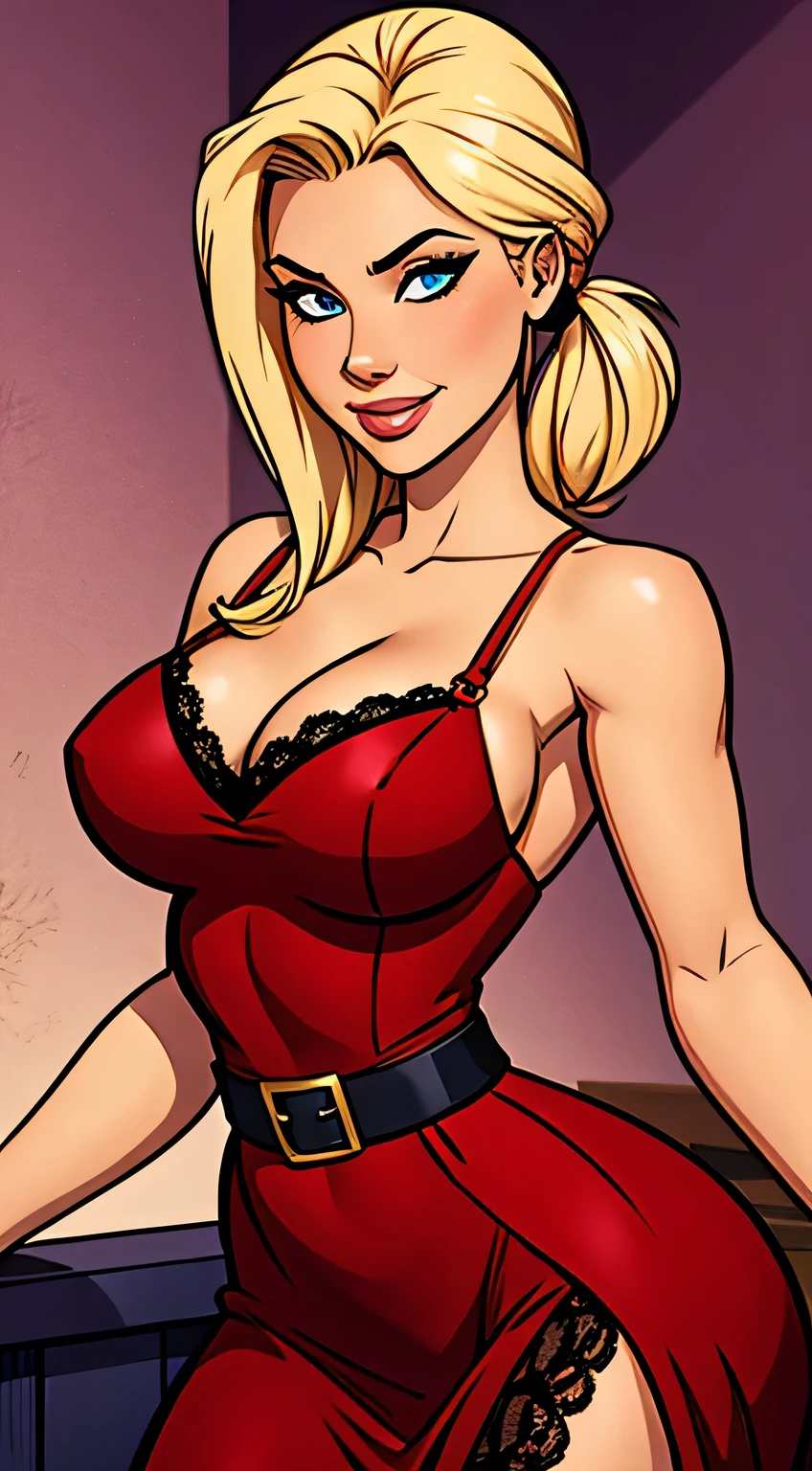 Thin woman, Scarlett Final Fantasy, beautiful smiling, seducing gaze, red medieval dress with v-neck (lacy), black belt, skin fair, blonde hair with a pony tail, blue colored eyes, busty. comic style.