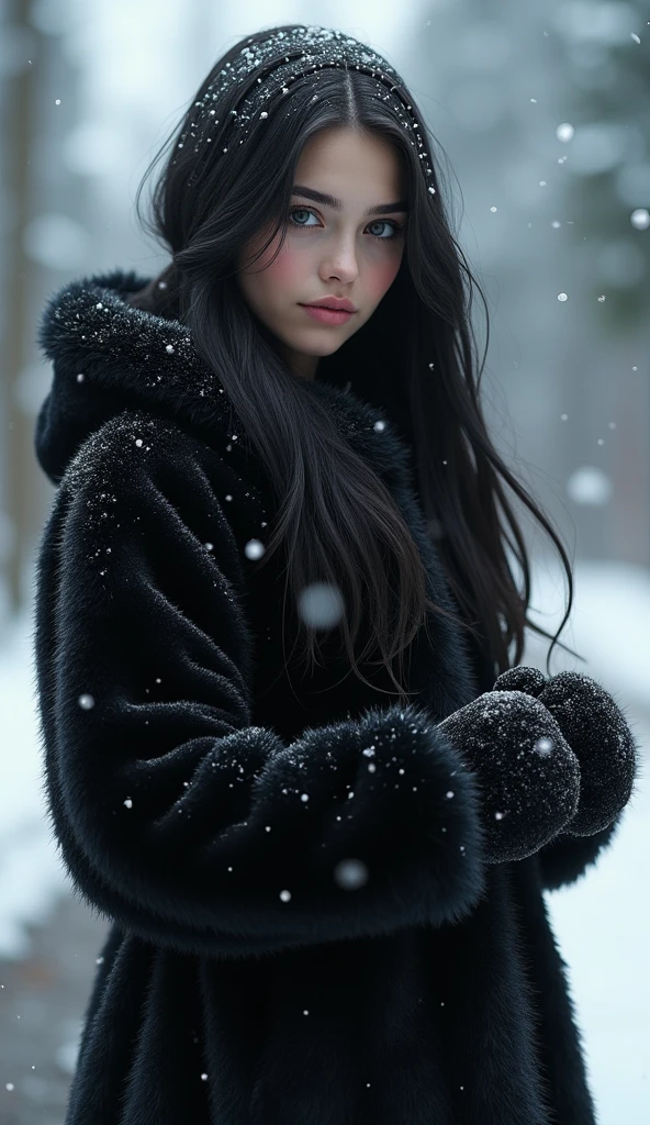 (Extremely detailed CG:1.2), (Masterpiece:1.2), (The best quality:1.2),,((absurdities)),looking at the viewer,whole body,,(1girl),only, slavic girl,  (long dark black hair),in Italy village, snowy winter, snowfall,  traveling wearing 
black fur clothes , black teddy mittens,  Dynamic Angle,Standing,dynamic pose,((Delicate facial features)),(black  dark eyes)