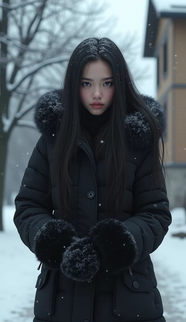 (Extremely detailed CG:1.2), (Masterpiece:1.2), (The best quality:1.2),,((absurdities)),looking at the viewer,whole body,,(1girl),only, slavic girl, (long dark black hair),in Italy village, snowy winter, snowfall, traveling wearing
black fur clothes , black teddy mittens, Dynamic Angle,Standing,dynamic pose,((Delicate facial features)),(black dark eyes)