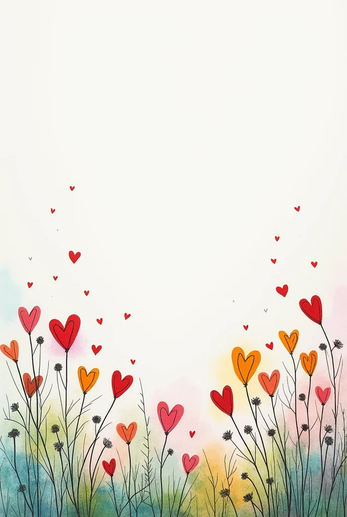 A minimalist garden drawing with colorful floats made with chalk and hearts but some withered flowers with an empty space above