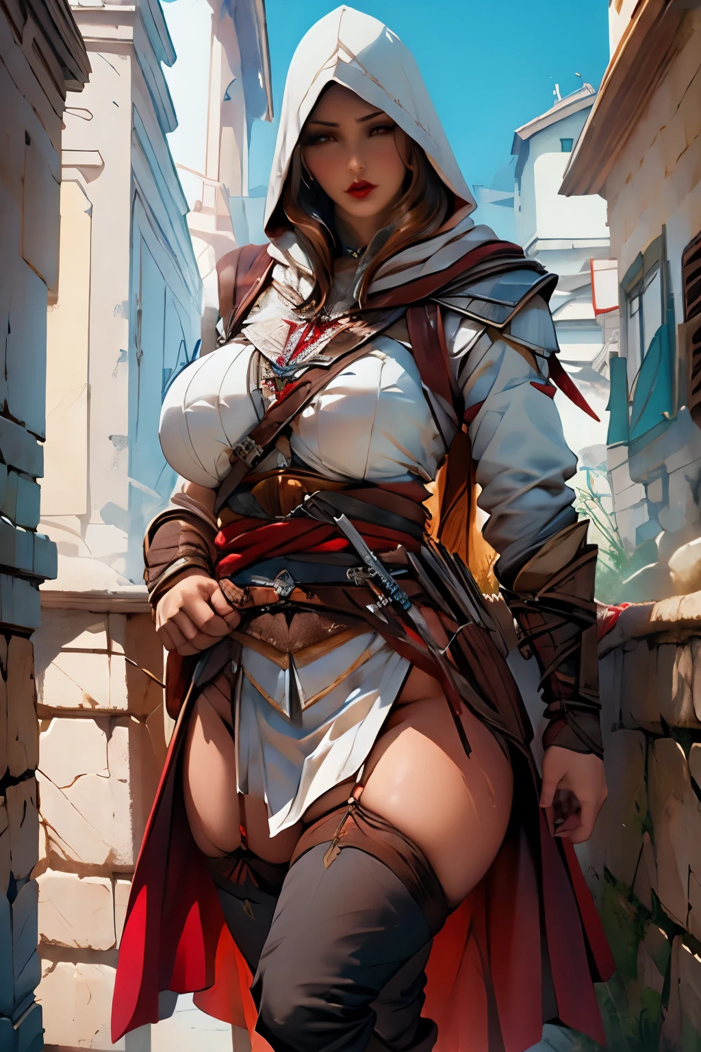 La mujer, Стиль Assassin's Creed, ropa corta, poca ropa,stockings, medias botas hasta la rodilla, Pulseras en las piernas, castillo medieval al fondo, Renacimiento, reaissance muy detallado, Realistic long-term photography., 4k, pelo largo, brown hair, By the chestnut, labios rojos, Chica con traje de Assassin&#39;s Creed Altair con capucha, hood, Assassin symbol&#39;s Creed en la cintura, sexy,red lips, brown eyes, big breasts, pechos grandes, breasts, oral, facial, cun in mouth, semen en la boca, cum in face, semen en la cara, nsfw,+18