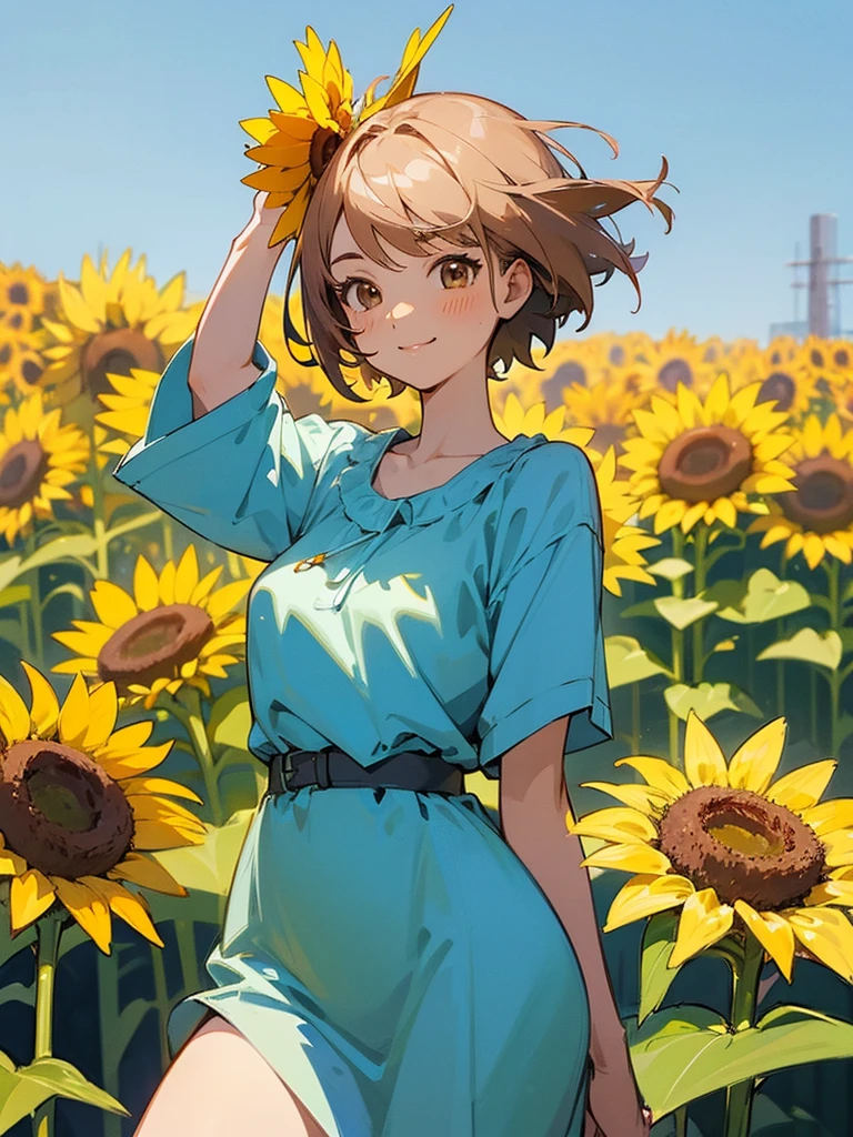 master piece, best quality, for below, cinematic angle, upper body , pigeon toed,
Anime-style Moe illustration, summer vacation theme, 20-year-old woman, sunflower field, short hair,
Picnic Maxi Dress, slightly inner thighs, smile, accurate drawing, Active pose, Active Angle,