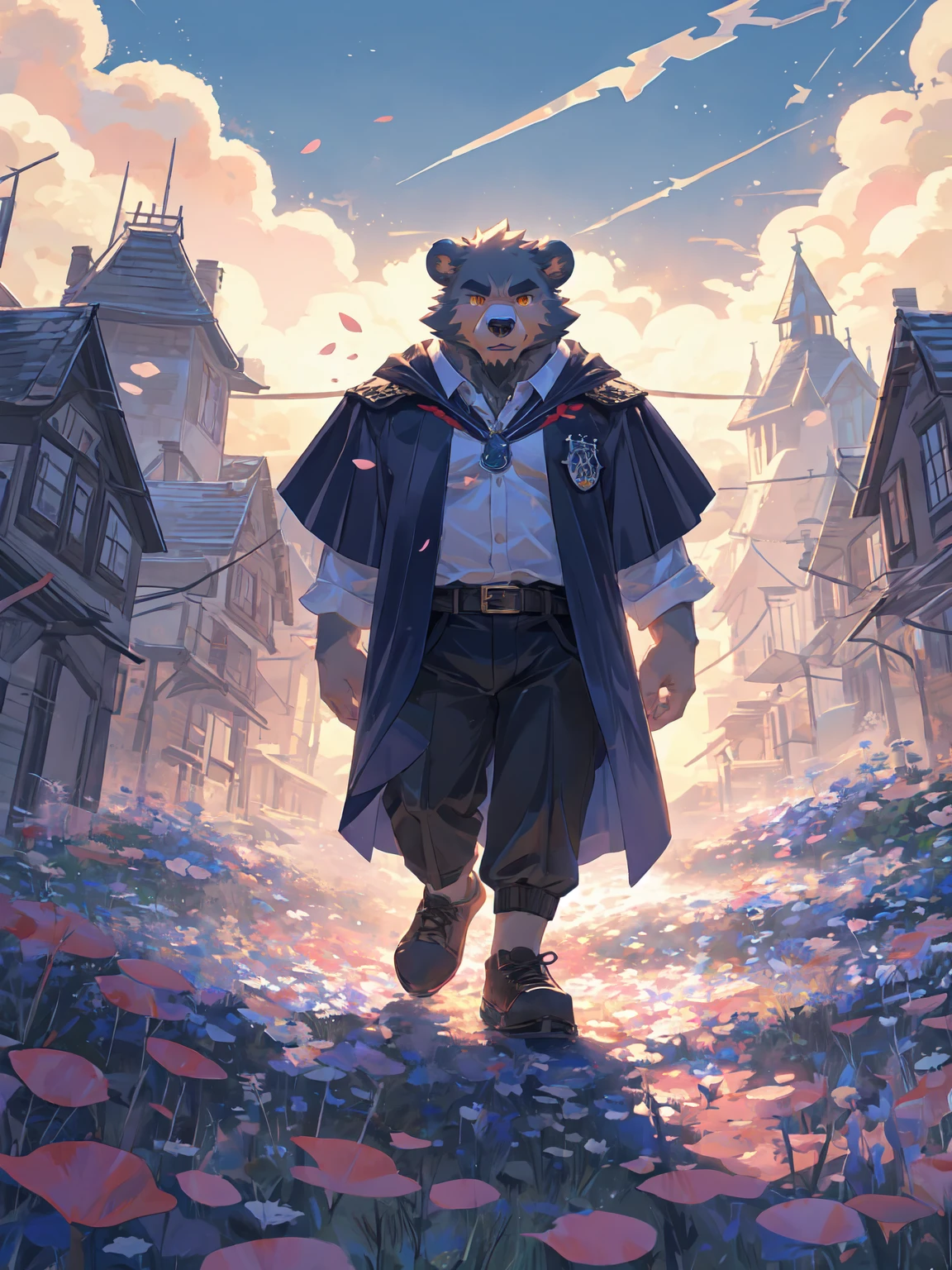 ultra-detailed,extremely detailed and beautiful, sky and white cloud and sunset glow background,ultra-detailed birds, (floating city in bloom, Floating petals, blooming gardens in the sky, many vines on the wall:1.2),Imagination,(masterpiece:1.2), best quality,pixiv,official art,perfect anatomy, (Ray tracing, light),solo, (1_male:1.3) , (muscle), (grey fur:1.4), (muscle bear), (beard:1.2), (gleaming golden eyes), bear tail, full body, Thick black eyebrows, Harry potter style,WIZARDRY UNIFORM,HOGWARTS,cloak,cardigan,shirt,pants,leather shoes,full body,(pure white background: 1.3), looking at viewer,dynamic pose