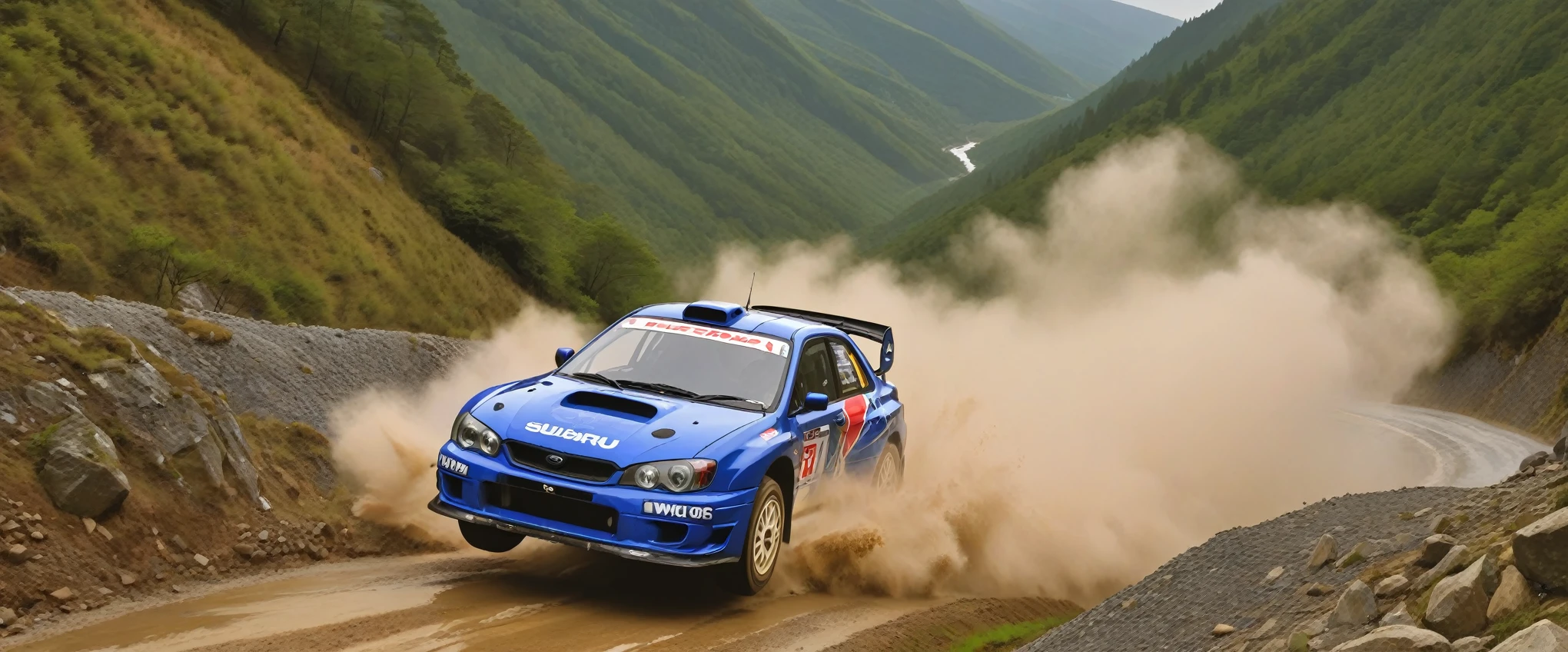(1 set, 1997 Subaru Impreza WRC、Redesigned by Peter Stevens), Paved roads(Concrete-filled road),Generates images of a Subaru Impreza WRC racing through a mountain pass during a rally race。, Splashing water,it's raining, Fallen leaves scatter, Vibrant greenery provides a spectacular backdrop. The car's aggressive styling、It should bring out a sense of speed and adrenaline.。. Highest quality, Genuineistic, photograph, Very detailed, 8k, High resolution, photoGenuineism, Naturalistic, Real, RAWphotograph,H effect,Genuine_booster