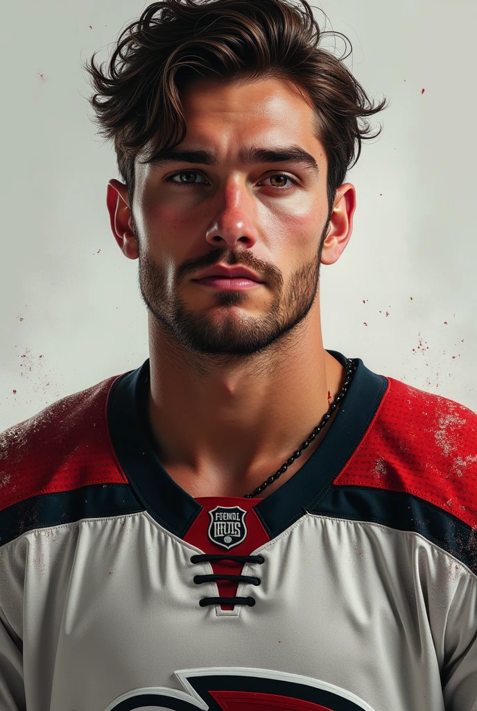 A hockey player man, around 20 years old, Of medium height, broad shoulders and defined muscles that are marked by the shirt. Even with a beard, I can see the square jaw, brown dark eyes, dimples and well-defined cheekbones, features similar to actor Conor Kit, brown hair and thick eyebrows