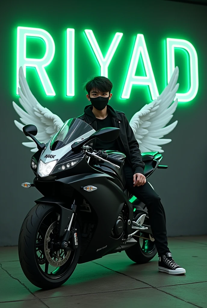 25-Year-old cute boy in a wearing a jacket Sitting
casually on a Yamaha R1M bike. Wearing sneakers,
with black mask, and sunglasses, he looks ahead.
The background features "RIYAD" in big and
capital green neon light fonts on the dark grey wall.
and there are wings to make it appear as if he is
an angel.