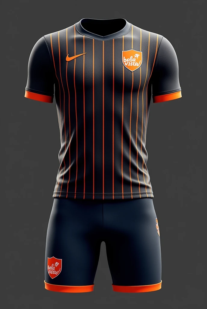 Custom soccer uniform in primary color black, with thin vertical orange stripes and navy blue shorts with orange details, with a shield on the left side of the chest with the words bela vista written on it 