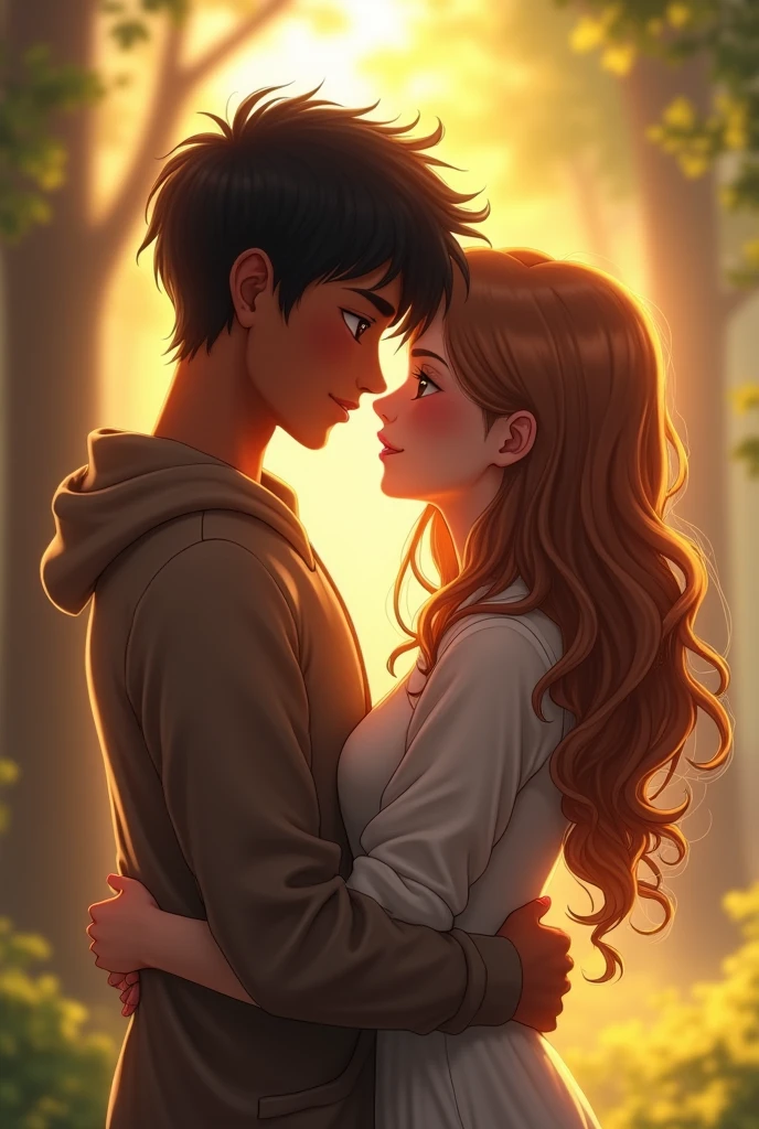 A tall brown-eyed dark-skinned boy with short black hair hugging a tall brown-eyed girl with long curly light brown hair 