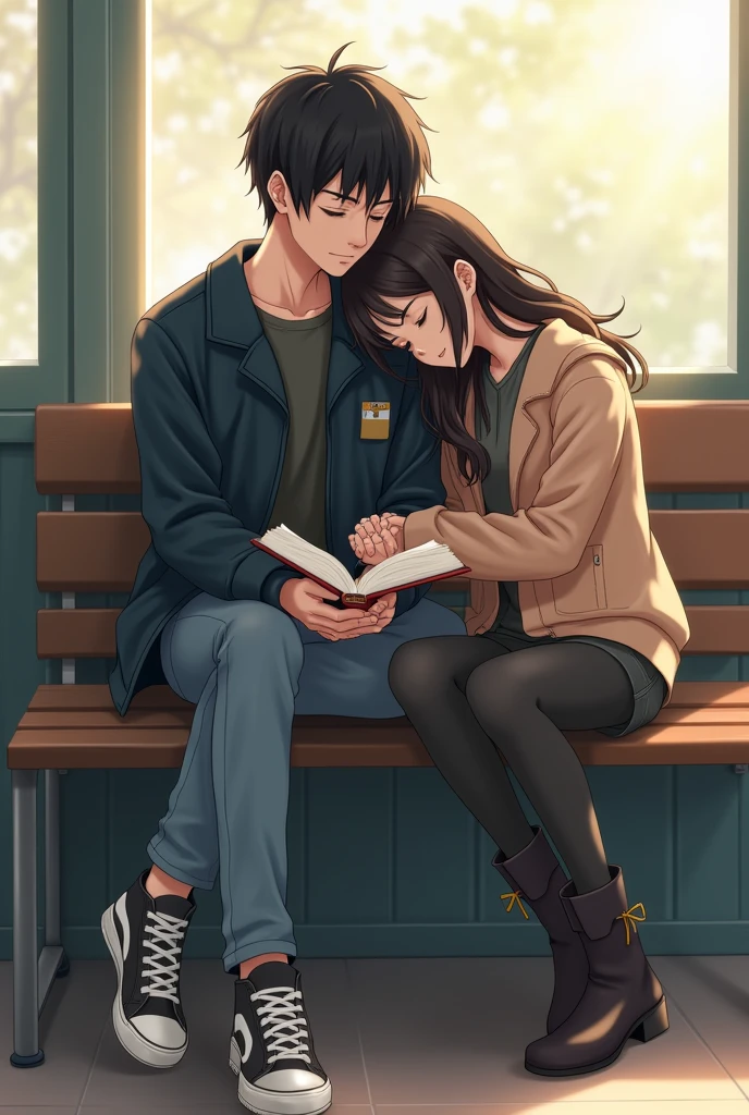 Create an image of a girl with wavy black hair and brown skin and a boy with straight black hair and white skin. The two of them sitting together on a school bench, she with her head resting on his shoulder with her eyes closed and the boy reading a book, both wearing a blue Mato Grosso do Sul uniform, she wearing a fleur jacket and boots and the boy wearing jeans and sneakers.. Teenagers he is reading the book alone and they are holding hands