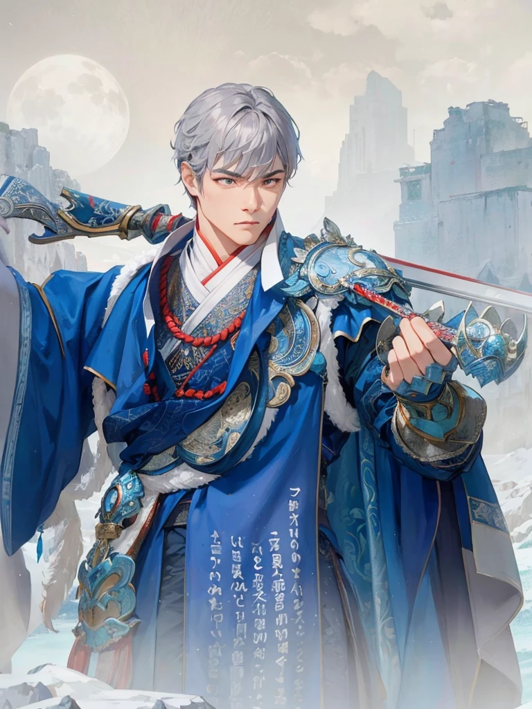 Moonlit Warrior: A powerful Asian male stands steadfast on the misty peak, bathed in soft lunar light. Traditional blue robe with intricate embroidery cinched by crimson sash, worn with silver armor pieces etched with dragon designs. Sword held firmly in right hand, his confident stance and determined expression embody ancient warrior spirit. Framing: Close-up shot of majestic figure against wispy clouds and mountain ranges at sunset, misty veil surrounding the peak. Lighting: Soft moonlight casting gentle shadows on subject's features. Composition: Warrior centered, with misty peaks and wispy clouds forming a harmonious balance around him.