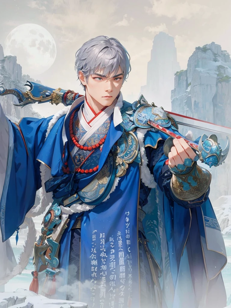 Moonlit Warrior: A powerful Asian male stands steadfast on the misty peak, bathed in soft lunar light. Traditional blue robe with intricate embroidery cinched by crimson sash, worn with silver armor pieces etched with dragon designs. Sword held firmly in right hand, his confident stance and determined expression embody ancient warrior spirit. Framing: Close-up shot of majestic figure against wispy clouds and mountain ranges at sunset, misty veil surrounding the peak. Lighting: Soft moonlight casting gentle shadows on subject's features. Composition: Warrior centered, with misty peaks and wispy clouds forming a harmonious balance around him.