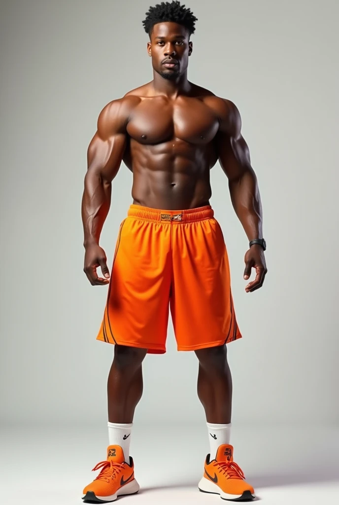Shirtless muscular black 20 year old man wearing orange basketball shorts and shoes