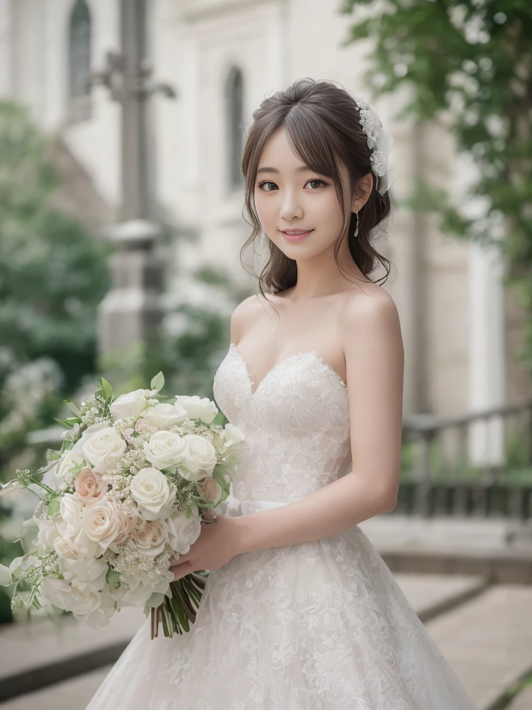 Photo-realistic quality、a woman in a Wedding dress holding a bouquet of flowers、Standing in front of the church、20 year old Japanese model、白のWedding dress,Hanae Mori style wedding dress、Japan idols at 20 years old、lace prom dresses、looking at the camera、Detailed and beautiful eyes、Cute smile、Relaxed and gentle expression、holding a bouquet, Wedding dress, So magical and dreamy、35mm Lens aperture F2.Shot at 8、Full body photo、From head to toe、A wedding dress that spreads wide enough to cover the toes、Narrow waist