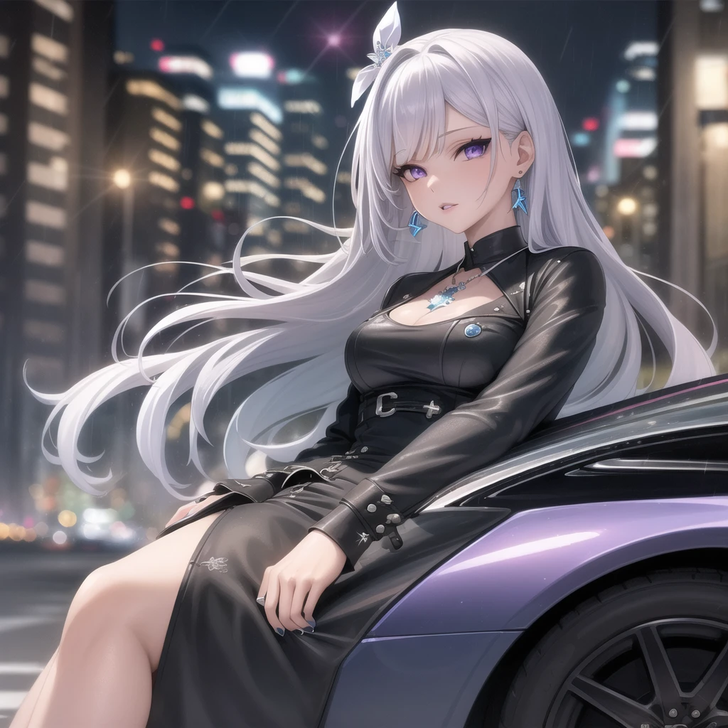 On the street, street view, ((girl gets off a supercar)), supercar, silver white, woman with violet hair, gray eyes, white workwear, violet jewelry, red earrings, moles on lips, royalty, princess, elegant, high quality, highly detailed, detailed face, fantasy, drinking tea