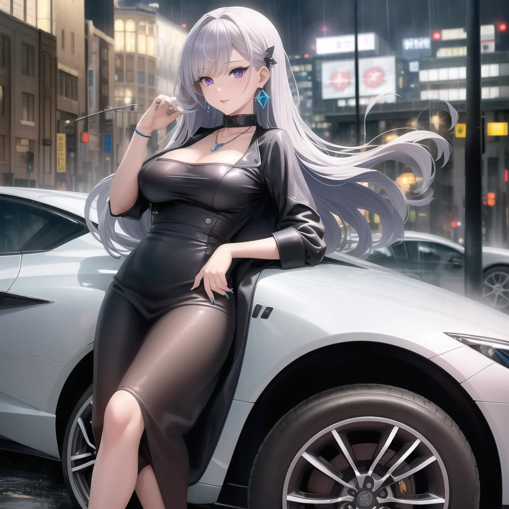 a woman wearing a silver sex dress, Emilia,smiling, big breasts, near a well-detailed black car, on a track in a large city at night, perfect lighting,HDR, ultra resolution , very detailed, masterpiece, ultra quality, 4K HD.