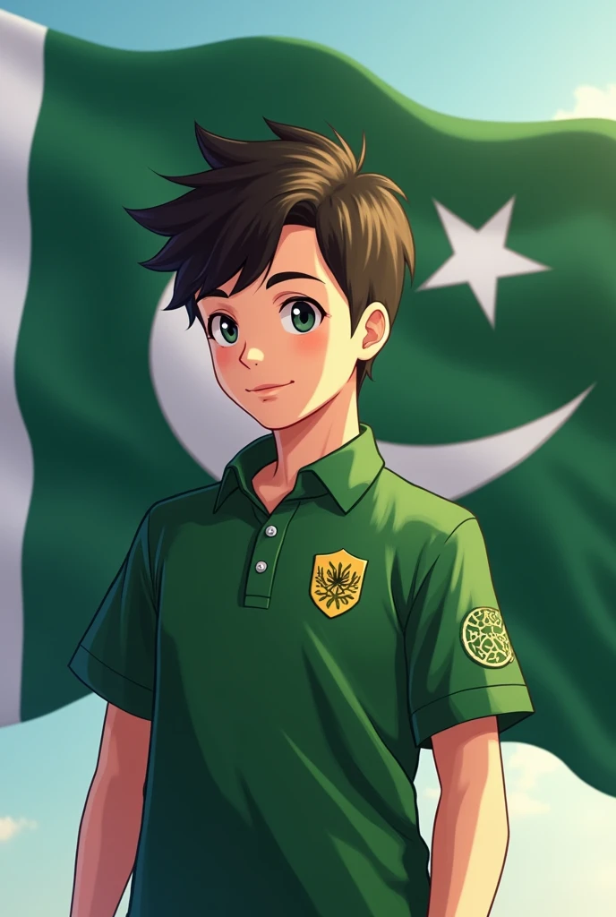 Pakistan flag with 14august 3d image with anime 18 year old boy, Boy name "Abid Rizvi"