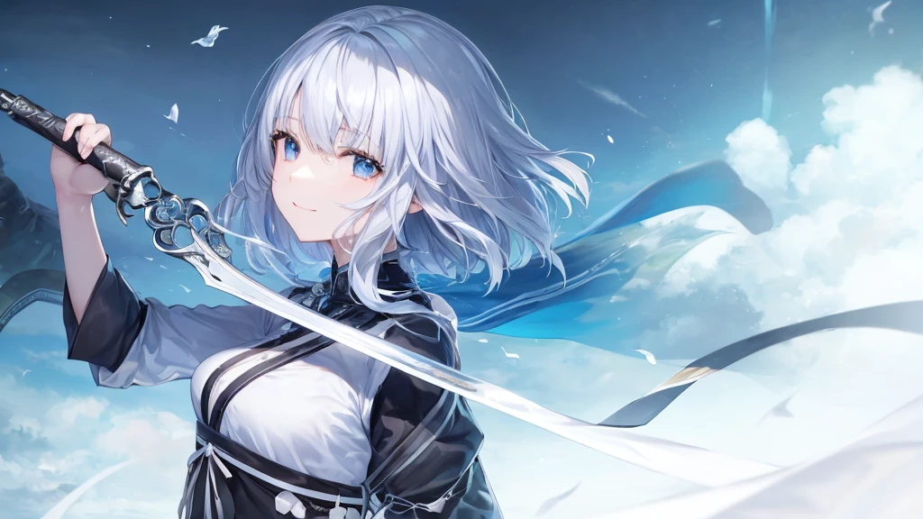 Ultra HD,Look at the viewers, Place your hands behind your back, With a girl, 20-year-old, 非常にshort hair, Long bangs between the eyes, Pale blue eyes, Very detailed,(masterpiece、Highest quality),Gray Hair、Laughter、wonderful, Silver Hair, iris, short hair、 Fluttering Hair、Small face、明るいsmile、(Detailed face) ,Professional Lighting,wonderful風景,blue sky, sunlight,Looking down from above,Portraiture、Open your mouth、Flower Field、Her eyes were shining、Mysterious and enchanting atmosphere。With AI Painting、とてもshort hair, Long bangs between the eyes, Very detailed,(masterpiece、Highest quality)、alone、Gray Hair、Fantasy, Silver Hair, Fantasyな風景、smile、Open your mouth、short hair、short hair、hairpin、black eye、Grey Eyes、Beautiful Eyes、Black Shirt、White hoodie、Hold the sword