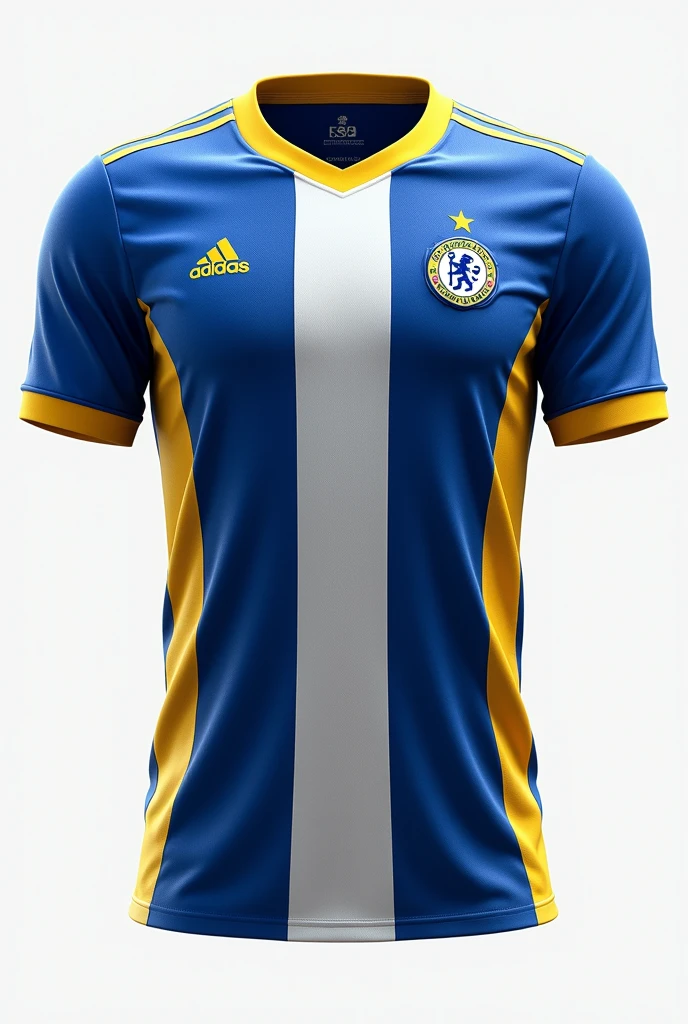 I want to create a fashionable blue white and yellow soccer shirt