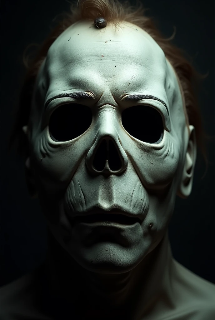 generates a realistic image of the Michael Myers mask with its marked features but with a skull-like tone