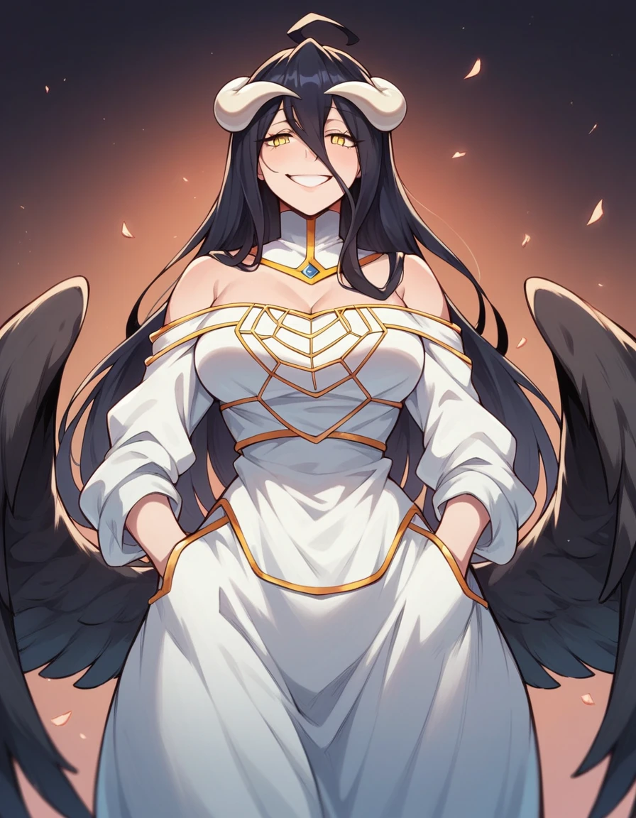 Albedo_Overlord,black hair,white horn,curvy body,big breast,big thighs, wearing original dress, gently smiling, leaning by the pillar, midnight setting,erotic pose, nsfw,((doujin art style)).