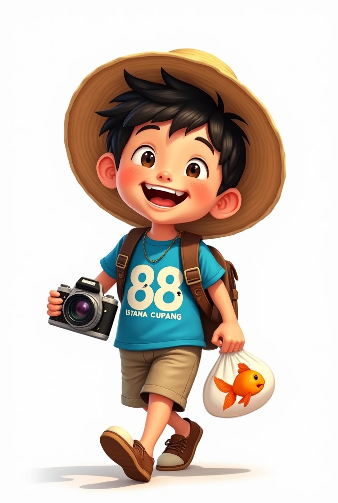 boy wearing straw hat and carrying one goldfish in plastic bag, smiling broadly and carrying camera, wearing blue shirt with 88 written on it and "istana cupang" written on it, backgroud white