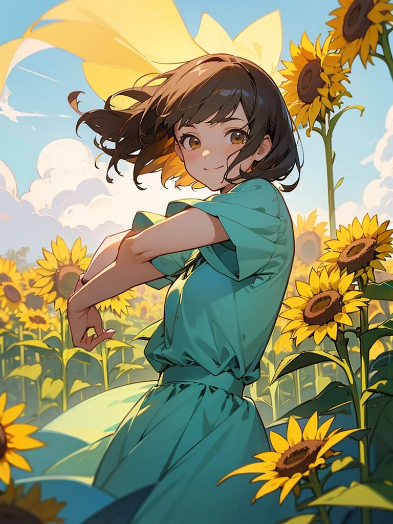  master piece, best quality, for below, cinematic angle, upper body , pigeon toed,  
Anime-style Moe illustration, summer vacation theme, 20-year-old woman, sunflower field, short hair, 
Picnic Maxi Dress, slightly inner thighs, smile, accurate drawing, Active pose, Active Angle, 